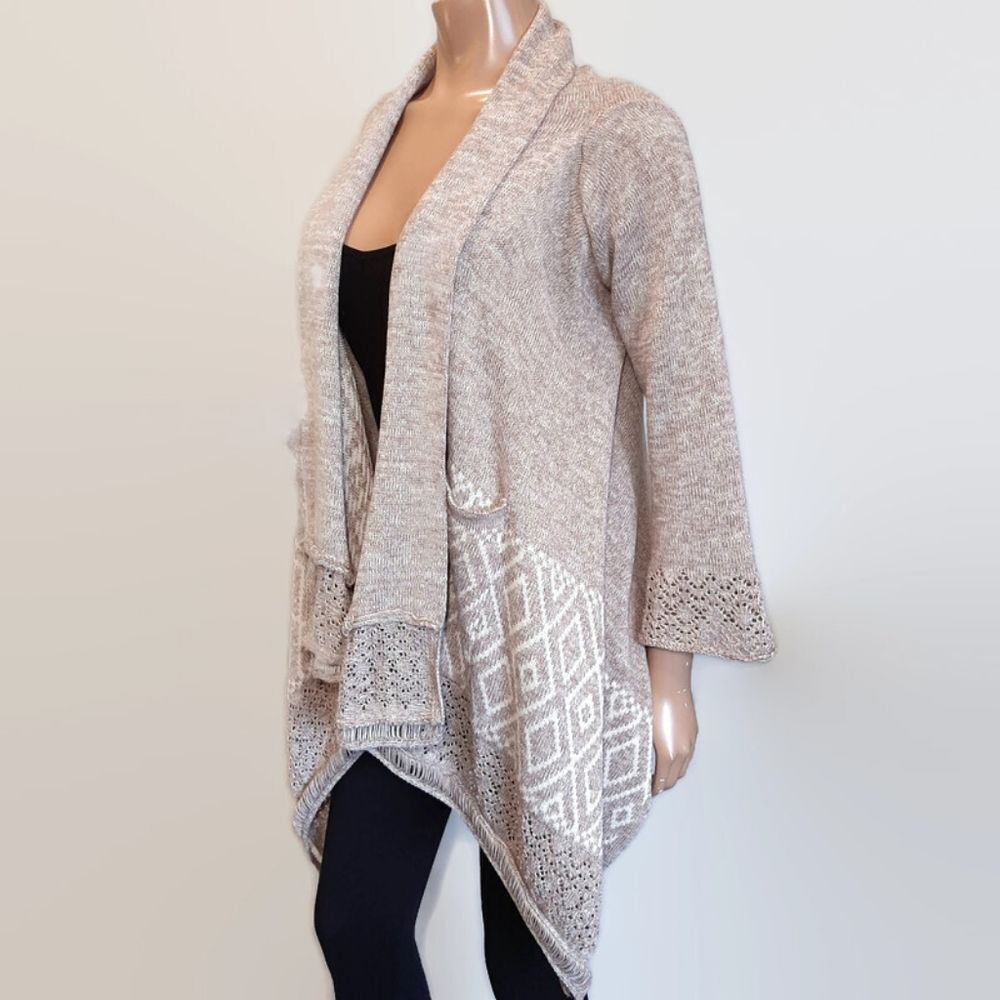 Paper Crane Aztec Waterfall Knit Cardigan Sweater Open Front Pockets